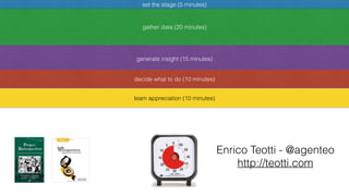 Enrico Teotti - @agenteo
http://teotti.com
set the stage (5 minutes)
gather data (20 minutes)
generate insight (15 minutes)
decide what to do (10 minutes)
team appreciation (10 minutes)
 