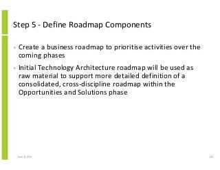 Step 5 - Define Roadmap Components
• Create a business roadmap to prioritise activities over the
coming phases
• Initial Technology Architecture roadmap will be used as
raw material to support more detailed definition of a
consolidated, cross-discipline roadmap within the
Opportunities and Solutions phase
June 12, 2014 102
 