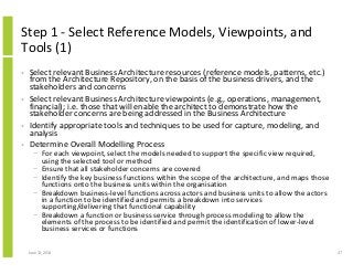 Step 1 - Select Reference Models, Viewpoints, and
Tools (1)
• Select relevant Business Architecture resources (reference models, patterns, etc.)
from the Architecture Repository, on the basis of the business drivers, and the
stakeholders and concerns
• Select relevant Business Architecture viewpoints (e.g., operations, management,
financial); i.e. those that will enable the architect to demonstrate how the
stakeholder concerns are being addressed in the Business Architecture
• Identify appropriate tools and techniques to be used for capture, modeling, and
analysis
• Determine Overall Modelling Process
− For each viewpoint, select the models needed to support the specific view required,
using the selected tool or method
− Ensure that all stakeholder concerns are covered
− Identify the key business functions within the scope of the architecture, and maps those
functions onto the business units within the organisation
− Breakdown business-level functions across actors and business units to allow the actors
in a function to be identified and permits a breakdown into services
supporting/delivering that functional capability
− Breakdown a function or business service through process modeling to allow the
elements of the process to be identified and permit the identification of lower-level
business services or functions
June 12, 2014 47
 