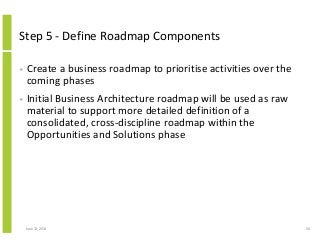 Step 5 - Define Roadmap Components
• Create a business roadmap to prioritise activities over the
coming phases
• Initial Business Architecture roadmap will be used as raw
material to support more detailed definition of a
consolidated, cross-discipline roadmap within the
Opportunities and Solutions phase
June 12, 2014 56
 