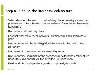 Step 8 - Finalise the Business Architecture
• Select standards for each of the building blocks re-using as much as
possible from the reference models selected from the Architecture
Repository
• Document each building block
• Conduct final cross-check of overall architecture against business
goals
• Document reason for building block decisions in the architecture
document
• Document final requirements traceability report
• Document final mapping of the architecture within the Architecture
Repository and publish via the Architecture Repository
• Finalise all the work products, such as gap analysis results
June 12, 2014 59
 