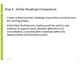 Step 5 - Define Roadmap Components
• Create a data business roadmap to prioritise activities over
the coming phases
• Initial Data Architecture roadmap will be used as raw
material to support more detailed definition of a
consolidated, cross-discipline roadmap within the
Opportunities and Solutions phase
June 12, 2014 70
 