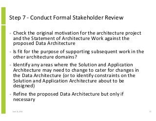 Step 7 - Conduct Formal Stakeholder Review
• Check the original motivation for the architecture project
and the Statement of Architecture Work against the
proposed Data Architecture
• Is fit for the purpose of supporting subsequent work in the
other architecture domains?
• Identify any areas where the Solution and Application
Architecture may need to change to cater for changes in
the Data Architecture (or to identify constraints on the
Solution and Application Architecture about to be
designed)
• Refine the proposed Data Architecture but only if
necessary
June 12, 2014 72
 