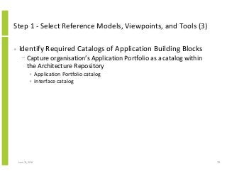 Step 1 - Select Reference Models, Viewpoints, and Tools (3)
• Identify Required Catalogs of Application Building Blocks
− Capture organisation’s Application Portfolio as a catalog within
the Architecture Repository
• Application Portfolio catalog
• Interface catalog
June 12, 2014 78
 