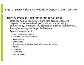 Step 1 - Select Reference Models, Viewpoints, and Tools (6)
• Identify Types of Requirement to be Collected
− Once the Application Architecture catalogs, matrices, and
diagrams have been developed, architecture modeling is
completed by formalising the application-focused requirements
for implementing the Target Architecture
− Types of requirement
• Functional requirements
• Non-functional requirements
• Assumptions
• Constraints
• Domain-specific Application Architecture principles
• Policies
• Standards
• Guidelines
• Specifications
June 12, 2014 81
 