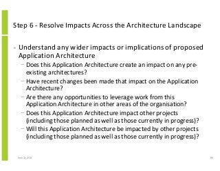 Step 6 - Resolve Impacts Across the Architecture Landscape
• Understand any wider impacts or implications of proposed
Application Architecture
− Does this Application Architecture create an impact on any pre-
existing architectures?
− Have recent changes been made that impact on the Application
Architecture?
− Are there any opportunities to leverage work from this
Application Architecture in other areas of the organisation?
− Does this Application Architecture impact other projects
(including those planned as well as those currently in progress)?
− Will this Application Architecture be impacted by other projects
(including those planned as well as those currently in progress)?
June 12, 2014 86
 