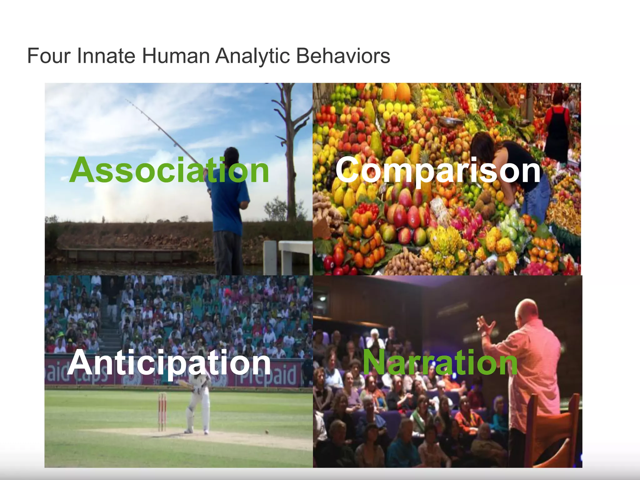 Four Innate Human Analytic Behaviors
Association Comparison
Anticipation Narration
 