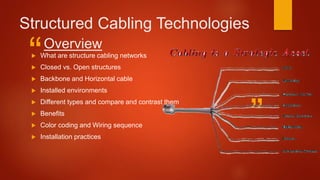 ”
“Overview
Structured Cabling Technologies
 What are structure cabling networks
 Closed vs. Open structures
 Backbone and Horizontal cable
 Installed environments
 Different types and compare and contrast them
 Benefits
 Color coding and Wiring sequence
 Installation practices
 