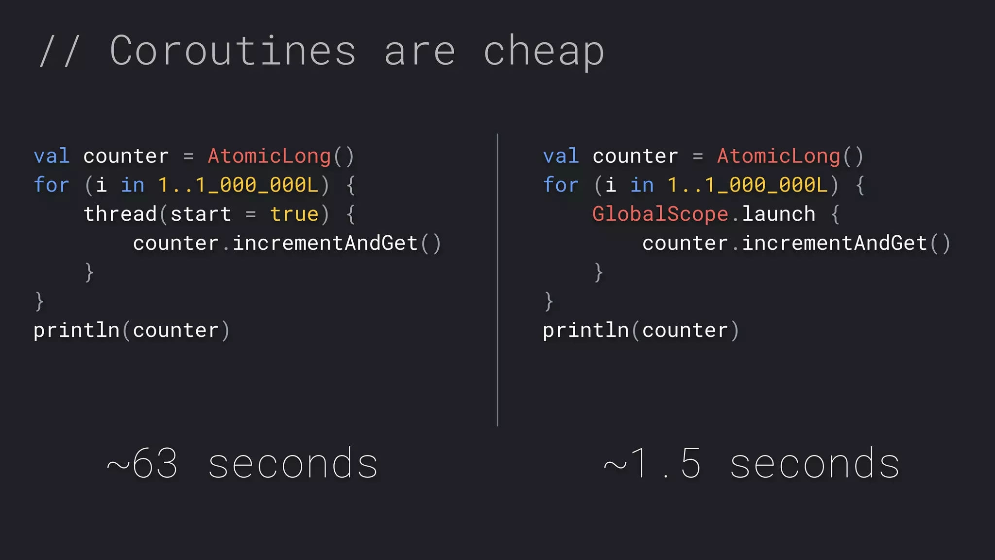 val counter = AtomicLong() for (i in 1..1_000_000L) { GlobalScope.launch { counter.incrementAndGet() } } println(counter) val counter = AtomicLong() for (i in 1..1_000_000L) { thread(start = true) { counter.incrementAndGet() } } println(counter) // Coroutines are cheap ~1.5 seconds~63 seconds 