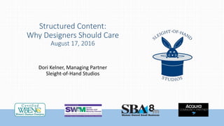 Structured Content:
Why Designers Should Care
August 17, 2016
Dori Kelner, Managing Partner
Sleight-of-Hand Studios
 