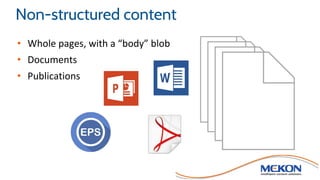 Non-structured content
• Whole pages, with a “body” blob
• Documents
• Publications
 