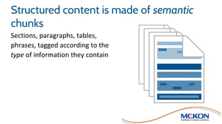 Structured content is made of semantic
chunks
Sections, paragraphs, tables,
phrases, tagged according to the
type of information they contain
 