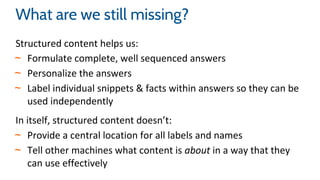 What are we still missing?
Structured content helps us:
~ Formulate complete, well sequenced answers
~ Personalize the answers
~ Label individual snippets & facts within answers so they can be
used independently
In itself, structured content doesn’t:
~ Provide a central location for all labels and names
~ Tell other machines what content is about in a way that they
can use effectively
 