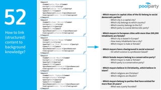52How to link
(structured)
content to
background
knowledge?
<mayor>
<name>Sadiq Khan </name>
<city>London</city>
<party>Labour Party </party>
<year>2016</year>
<profession>Lawyer</profession>
<religion>Sunni Islam </religion>
</mayor>
- Which mayors in capital cities of the EU belong to social
democratic parties?
- Which city is a capital city?
- Which city belongs to which country?
- Which country belongs to the EU?
- Which party is a social democratic party?
- Which mayors in European cities with more than 500,000
inhabitants are female?
- Which city is based in Europe?
- How many inhabitants has a city?
- Which mayor is male or female?
- Which mayors have a background in social sciences?
- On which science is a profession based?
- Which female mayors belong to a conservative party?
- Which mayor is male or female?
- Which party is a conservative party?
- Which mayors believe in Christianity, which believe in
Islam?
- Which religions are Christian?
- Which religions are Muslim?
- Which mayors belong to parties that have existed for
more than 20 years?
- When was a party founded?
<mayor>
<name>Michael Müller </name>
<city>Berlin</city>
<party>SPD</party>
<year>2014</year>
<profession>Printer</profession>
<religion>Lutheran </religion>
</mayor>
<mayor>
<name>Virginia Raggi </name>
<city>Rome</city>
<party>Five Star Movement </party>
<year>2016</year>
<profession>Lawyer</profession>
<religion>Catholic </religion>
</mayor>
<mayor>
<name>Corine Mauch </name>
<city>Zurich</city>
<party>SP</party>
<year>2009</year>
<profession>Economist </profession>
<religion>unknown</religion>
</mayor>
<mayor>
<name>Kadir Topbaş </name>
<city>Istanbul </city>
<party>AKP</party>
<year>2004</year>
<profession>Architect </profession>
<religion>Sunni Islam </religion>
</mayor>
 