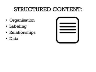STRUCTURED CONTENT:
•  Organisation
•  Labeling
•  Relationships
•  Data
 