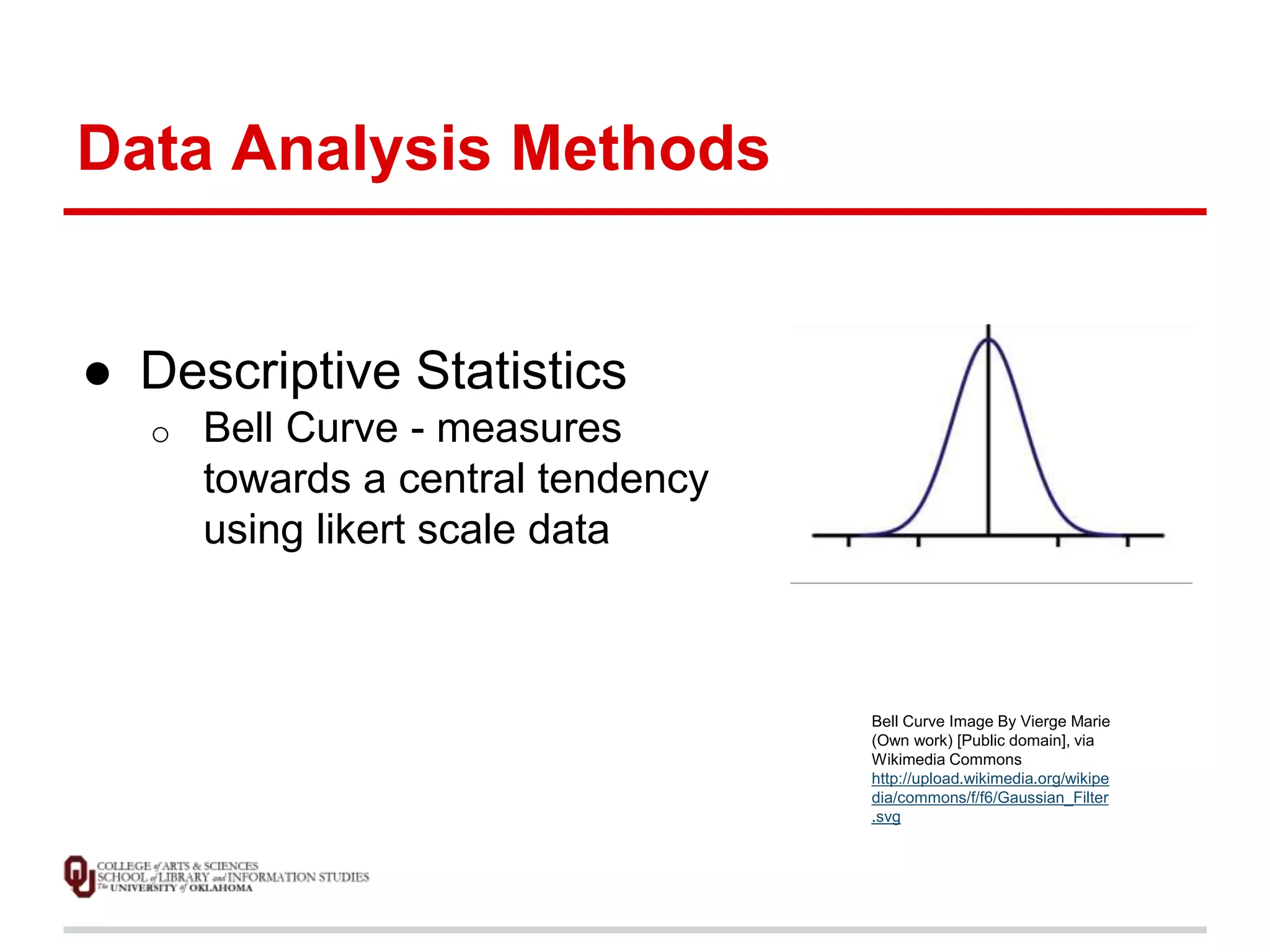 Data Analysis Methods 
● Descriptive Statistics 
o Bell Curve - measures 
towards a central tendency 
using likert scale data 
Bell Curve Image By Vierge Marie 
(Own work) [Public domain], via 
Wikimedia Commons 
http://upload.wikimedia.org/wikipe 
dia/commons/f/f6/Gaussian_Filter 
.svg 
 