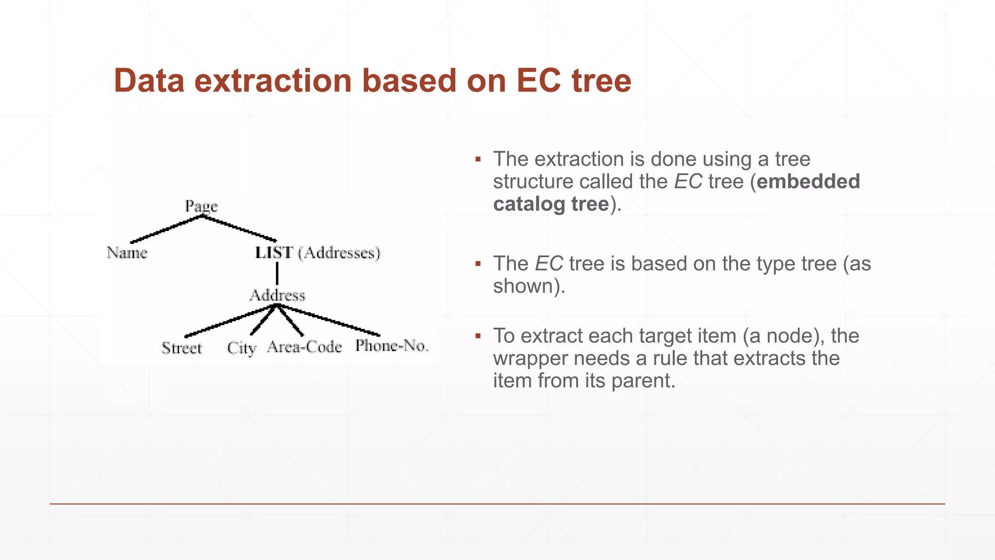 Data extraction based on EC tree
▪ The extraction is done using a tree
structure called the EC tree (embedded
catalog tree).
▪ The EC tree is based on the type tree (as
shown).
▪ To extract each target item (a node), the
wrapper needs a rule that extracts the
item from its parent.
 