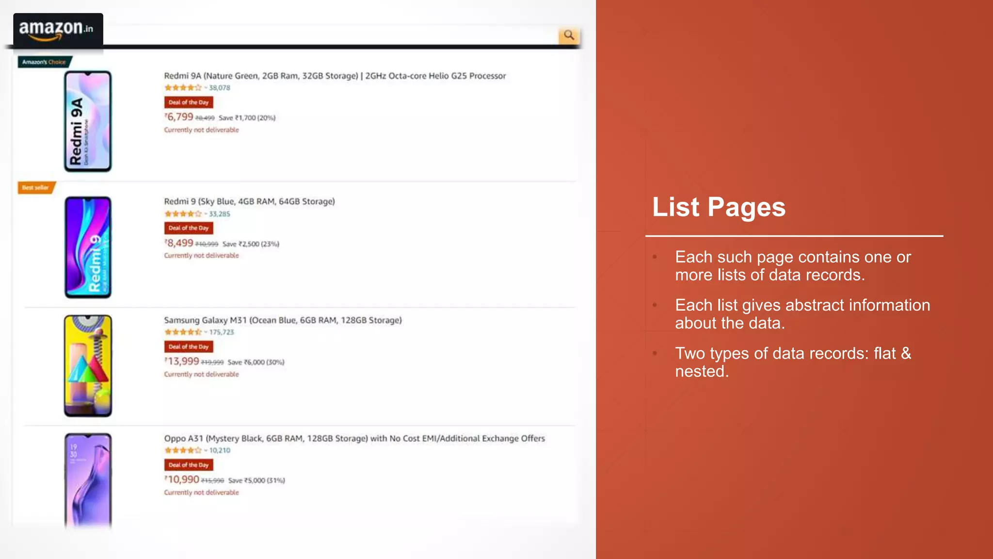 List Pages
• Each such page contains one or
more lists of data records.
• Each list gives abstract information
about the data.
• Two types of data records: flat &
nested.
 