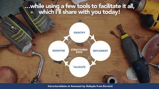 #structureddata at #smxeast by @aleyda from @orainti#structureddata at #smxeast by @aleyda from @orainti
…while using a few tools to facilitate it all,  
which I‘ll share with you today!
IDENTIFY
IMPLEMENT
VALIDATE
MONITOR STRUCTURED
DATA
 