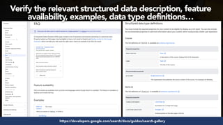 #structureddata at #smxeast by @aleyda from @oraintihttps://developers.google.com/search/docs/guides/search-gallery
Verify the relevant structured data description, feature
availability, examples, data type definitions…
 
