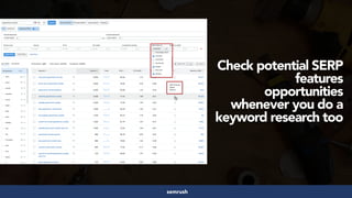 #structureddata at #smxeast by @aleyda from @oraintisemrush
Check potential SERP
features
opportunities
whenever you do a
keyword research too
 