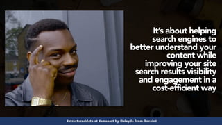 #structureddata at #smxeast by @aleyda from @orainti
It’s about helping
search engines to
better understand your
content while
improving your site
search results visibility
and engagement in a
cost-efficient way
 