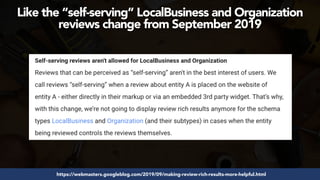 #structureddata at #smxeast by @aleyda from @oraintihttps://webmasters.googleblog.com/2019/09/making-review-rich-results-more-helpful.html
Like the “self-serving” LocalBusiness and Organization
reviews change from September 2019
 