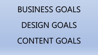 BUSINESS GOALS
DESIGN GOALS
CONTENT GOALS
 
