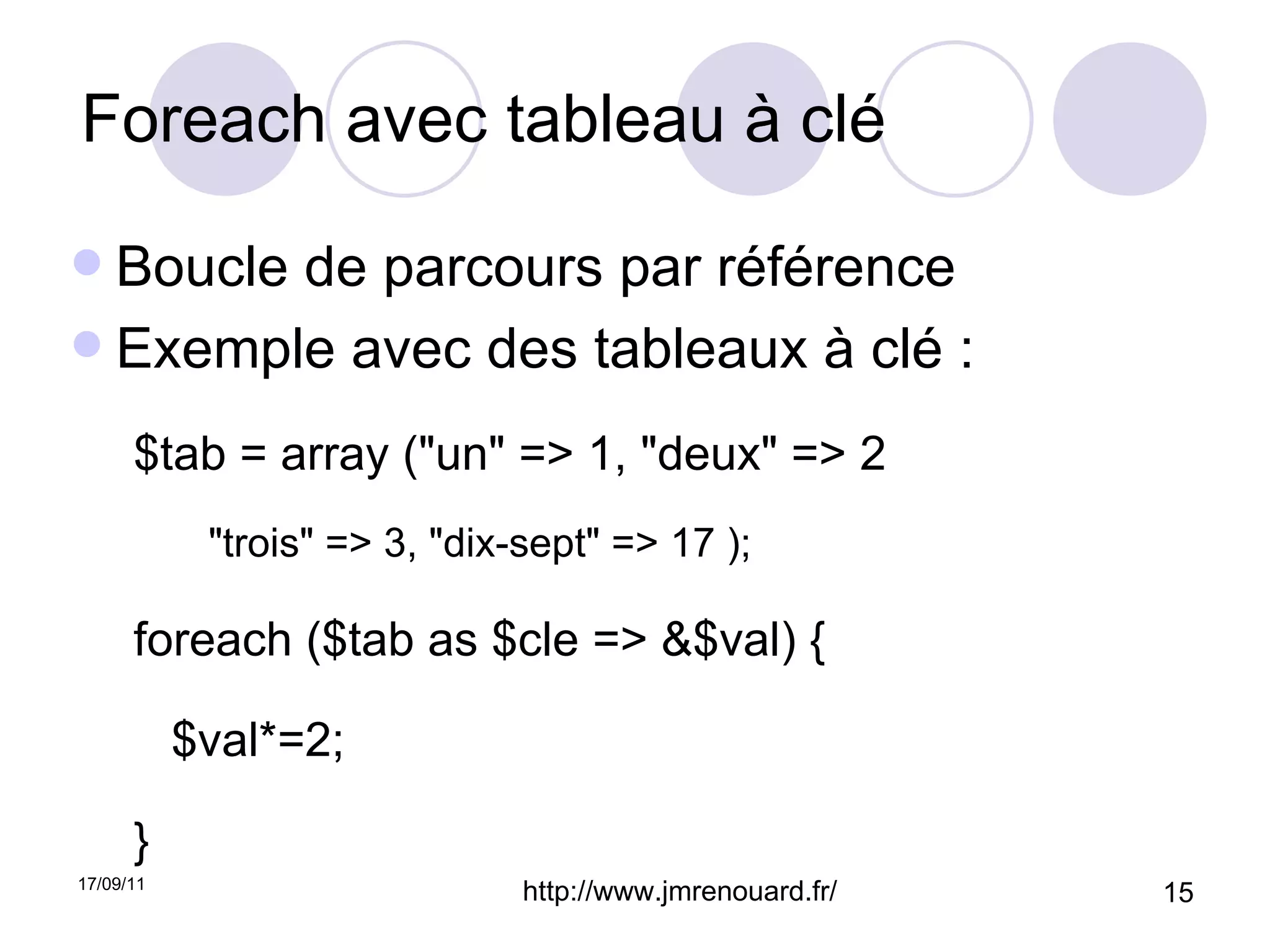 Foreach avec tableau à clé Boucle de parcours par référence Exemple avec des tableaux à clé : $tab = array ("un" => 1, "deux" => 2 "trois" => 3, "dix-sept" => 17 ); foreach ($tab as $cle => &$val) { $val*=2; } 