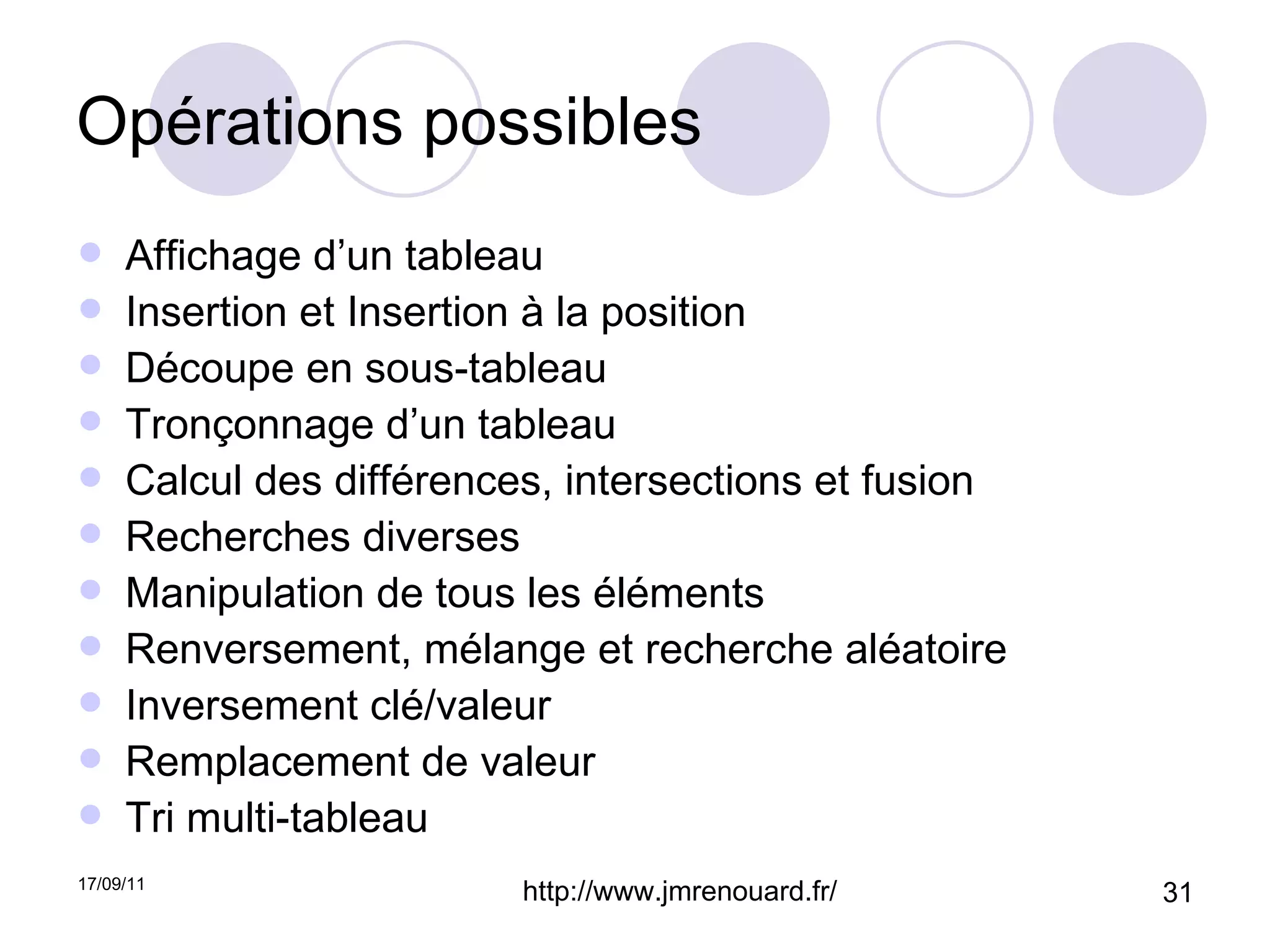 Opérations possibles Affichage d’un tableau Insertion et Insertion à la position Découpe en sous-tableau Tronçonnage d’un tableau Calcul des différences, intersections et fusion Recherches diverses Manipulation de tous les éléments Renversement, mélange et recherche aléatoire  Inversement clé/valeur Remplacement de valeur Tri multi-tableau 