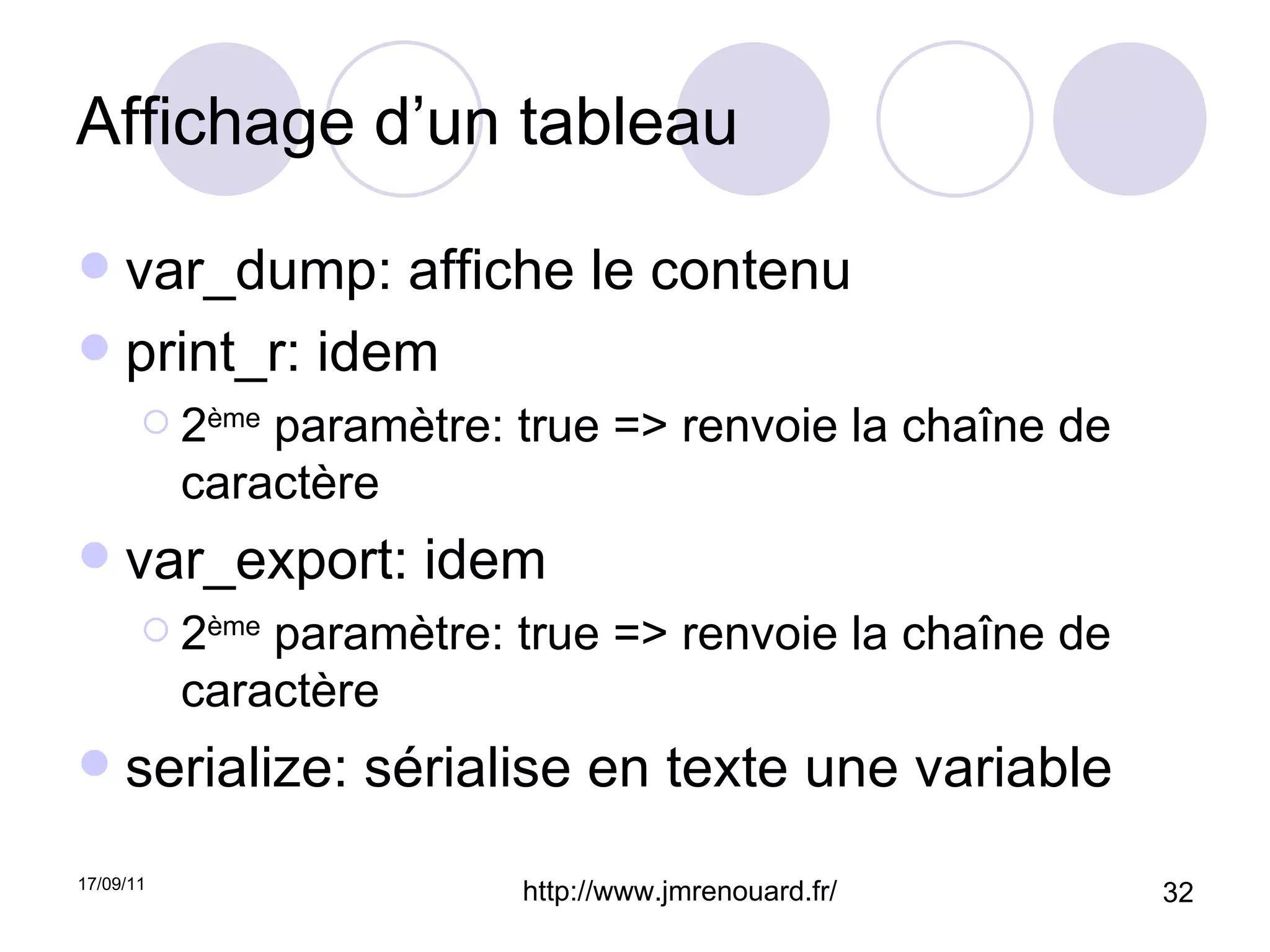 Affichage d’un tableau var_dump: affiche le contenu print_r: idem 2 ème  paramètre: true => renvoie la chaîne de caractère var_export: idem  2 ème  paramètre: true => renvoie la chaîne de caractère serialize: sérialise en texte une variable 