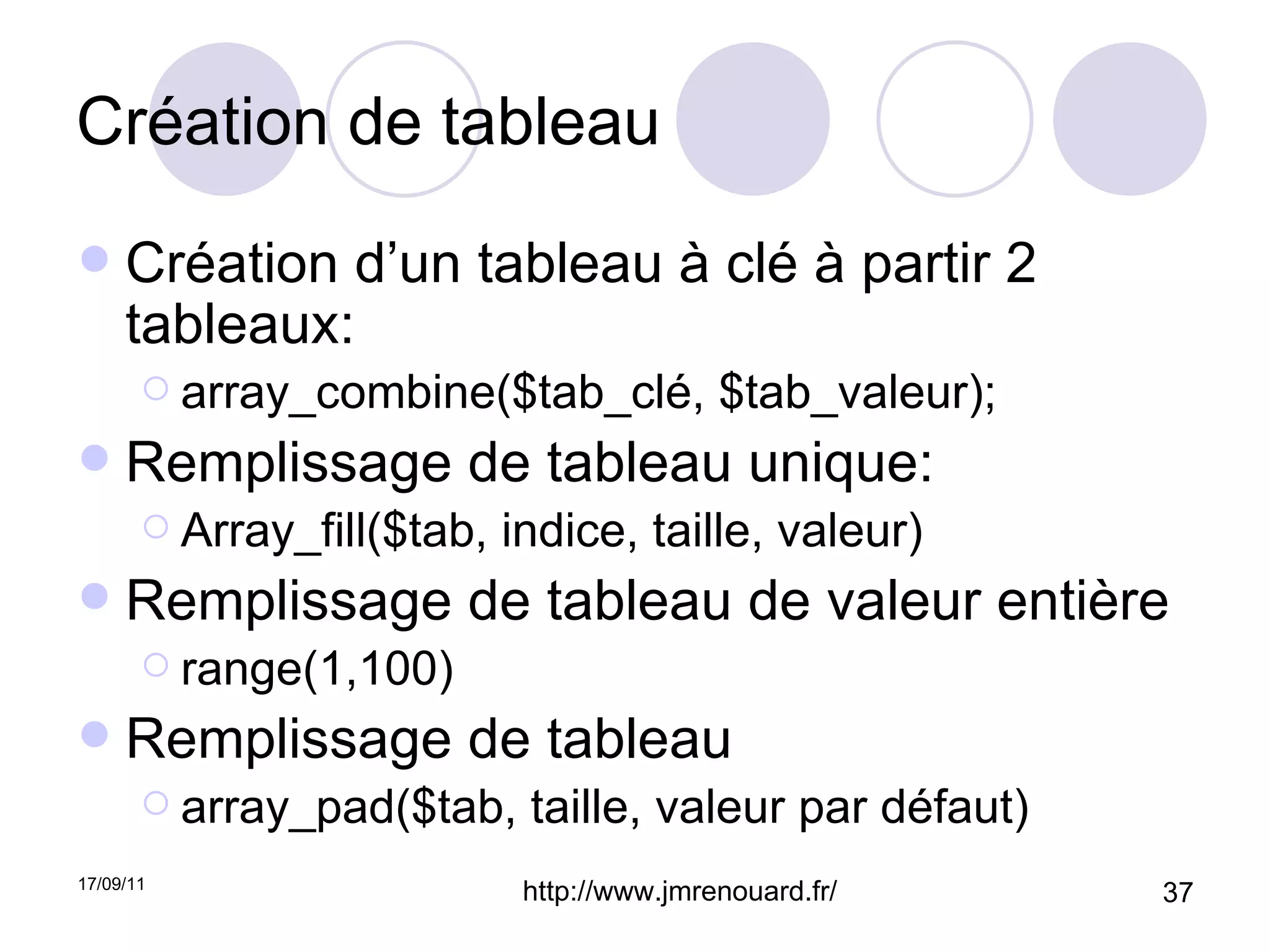 Création de tableau Création d’un tableau à clé à partir 2 tableaux: array_combine($tab_clé, $tab_valeur); Remplissage de tableau unique: Array_fill($tab, indice, taille, valeur) Remplissage de tableau de valeur entière range(1,100) Remplissage de tableau array_pad($tab, taille, valeur par défaut) 