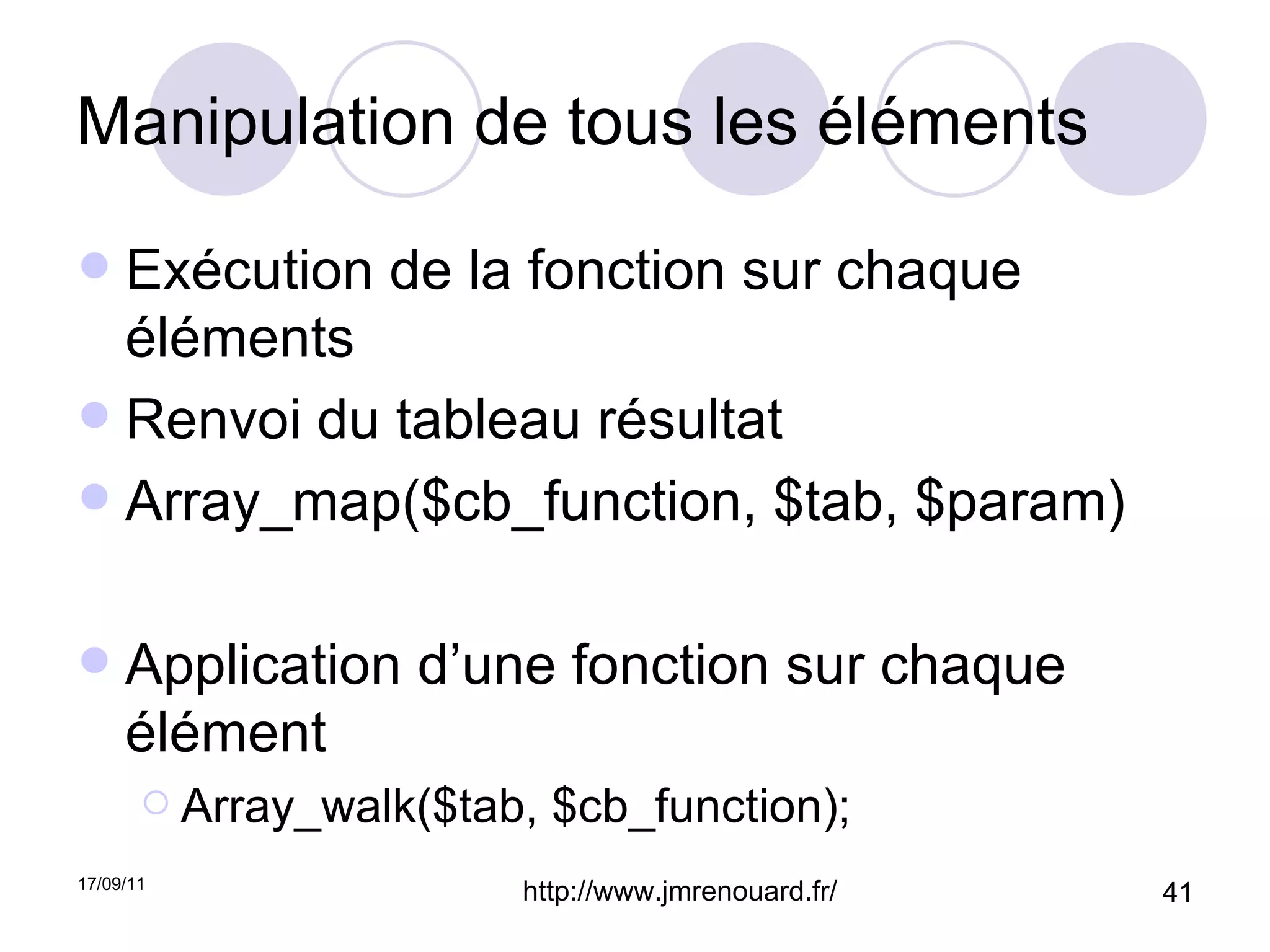 Manipulation de tous les éléments Exécution de la fonction sur chaque éléments  Renvoi du tableau résultat Array_map($cb_function, $tab, $param) Application d’une fonction sur chaque élément Array_walk($tab, $cb_function); 