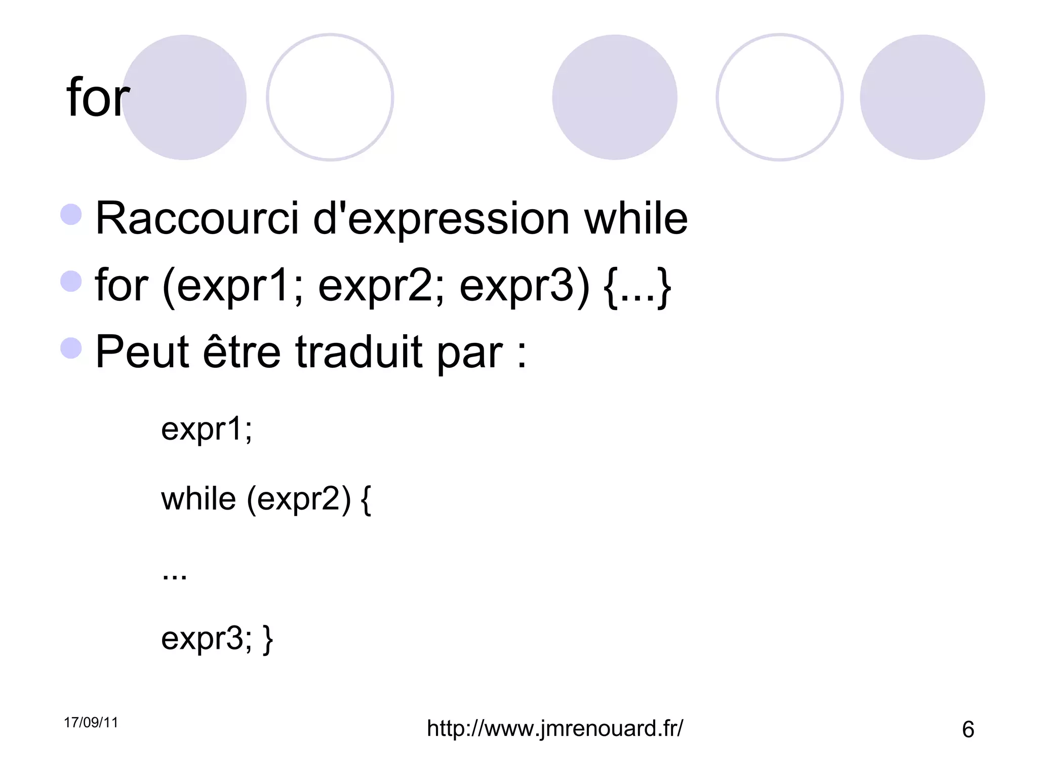 for Raccourci d'expression while for (expr1; expr2; expr3) {...} Peut être traduit par : expr1; while (expr2) { ... expr3; } 