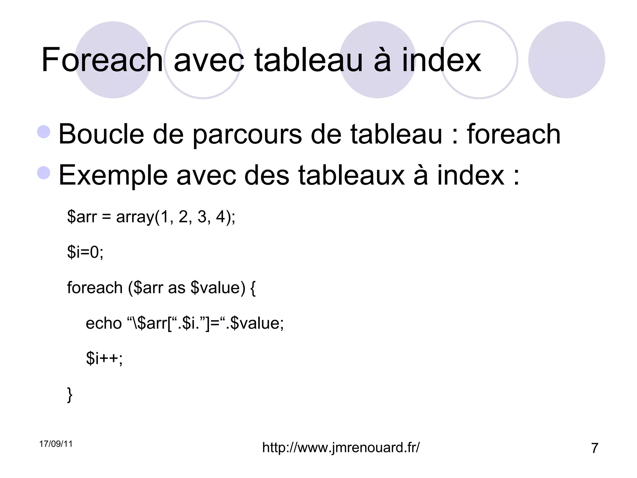 Foreach avec tableau à index Boucle de parcours de tableau : foreach Exemple avec des tableaux à index : $arr = array(1, 2, 3, 4); $i=0; foreach ($arr as $value) { echo “\$arr[“.$i.”]=“.$value; $i++; } 