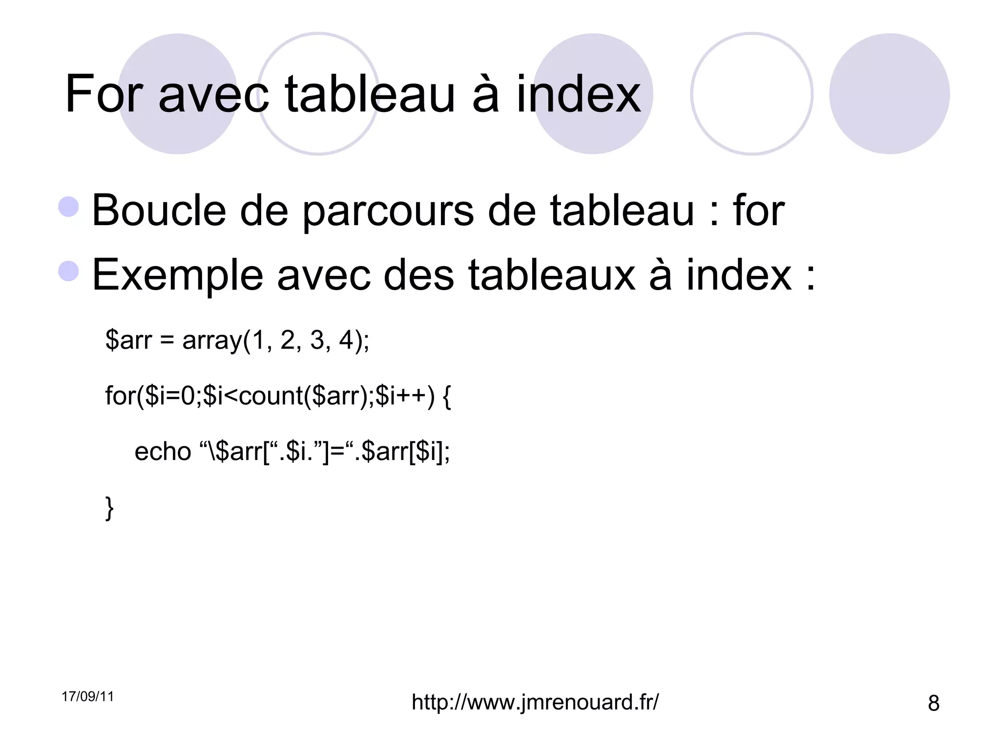 For avec tableau à index Boucle de parcours de tableau : for Exemple avec des tableaux à index : $arr = array(1, 2, 3, 4); for($i=0;$i<count($arr);$i++) { echo “\$arr[“.$i.”]=“.$arr[$i]; } 