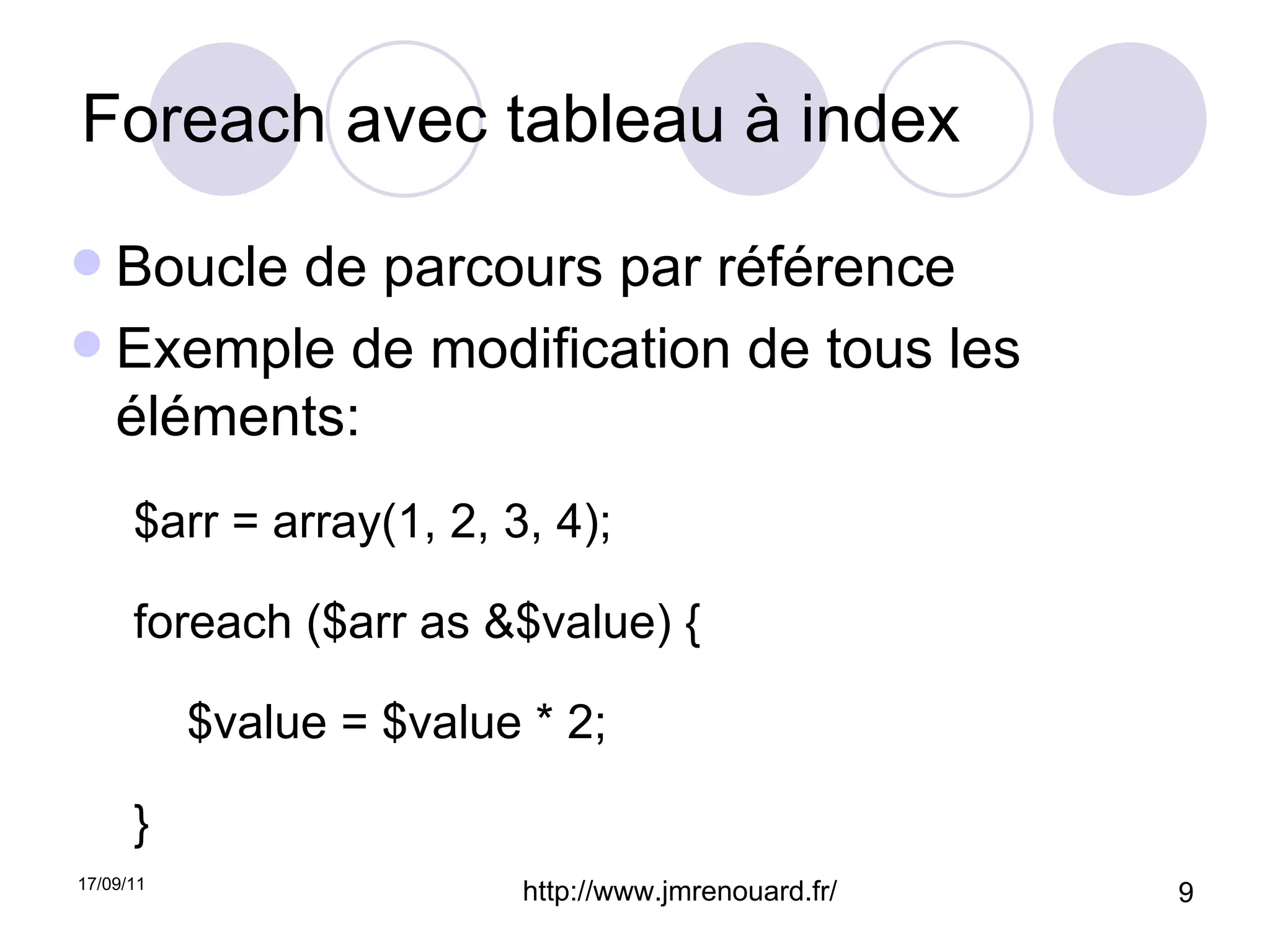 Foreach avec tableau à index Boucle de parcours par référence Exemple de modification de tous les éléments: $arr = array(1, 2, 3, 4); foreach ($arr as &$value) { $value = $value * 2; } 