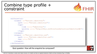 © 2012 HL7 ® International. Licensed under Creative Commons. HL7 & Health Level Seven are registered trademarks of Health Level Seven International. Reg. U.S. TM Office.
Combine type profile +
constraint
10
Quiz question: How will the snapshot be composed?
 