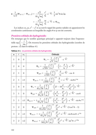 √
1
2
r2 − r
• √ (C3d,12 − C3d,−2 ) 5
· 2 · e 3a0
i 2
81 pa3 a0
0
√
2
xy − r
· 2 · e 3a0
5
81 pa3 a0

1
· sin2 u sin 2w
2

≡ C3dxy

0

Les indices xz, yz, x2 − y2 et xy sont le rappel des parties radiales où apparaissent les
coordonnées cartésiennes en lesquelles les angles u et w ont été convertis.

Premières orbitales des hydrogénoïdes
On remarque que le nombre quantique principal n apparaît toujours dans l’exponenr
tielle exp −
. On trouvera les premières orbitales des hydrogénoïdes (nombre de
na0
protons : Z) dans le tableau 4.1.
Tableau 4.1. Les premières orbitales des hydrogénoïdes.

n
1

m
0

Orbitale
1
C1s 5 √
p

0

1

2

0

0

C2s 5 √

2

1

0

C2p,0 5 √

2

1

±1

3

0

0

3

1

0

3

1

±1

3

2

0

3

2

±1

3

2

±2

102

C2p,±1 5 ∓ √

1

1

· 2−
3/2

Z
a0

32p

·
3/2

Z
a0

64p

·

Z
a0
Z
a0

3/2

1
5∓ √
81 p

Z
a0

3/2

C3p,±1

C3d,±1

1
5∓ √
81 p

Z
a0

3/2

C3d,±2 5

1
√
162 p

·e

Z
Z2
r − 2 r2
a0
a0

· 6
3/2

Z
Z2
− Z r
r 1 2 2 r 2 e 3a0
a0
a0

Z
Z2
r − 2 r2
a0
a0

·e

· 6

Z
a0

− Z r
2a0

·e

Z
− Z r
· r · e 2a0 · sin u e±iw
a0

· 27 − 18

1
√
81 6p

C3d,0 5

Z
r
a0

Z
Z − 2a r
r e 0 · cos u
a0

3/2

1
C3s 5 √
81 3p
√
2
C3p,0 5 √
81 p

Z

· e− a0 r

3/2

Z
a0

32p

3/2

Z
a0

− Z r
3a0

· cos u

− Z r
3a0

· sin u e±iw

·
·
Z
a0

Z
Z 2 2 − 3a r
r · e 0 · (3 cos2 u − 1)
2
a0
Z
Z 2 2 − 3a r
r · e 0 · sin u cos u · e±iw
2
a0

3/2

·

Z
Z 2 2 − 3a r 2
r · e 0 sin u · e±2iw
2
a0

 