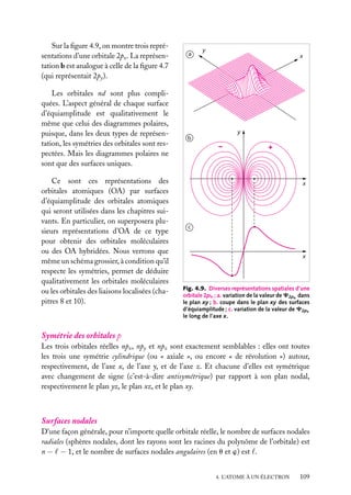 Sur la ﬁgure 4.9, on montre trois représentations d’une orbitale 2px . La représentation b est analogue à celle de la ﬁgure 4.7
(qui représentait 2py ).
Les orbitales nd sont plus compliquées. L’aspect général de chaque surface
d’équiamplitude est qualitativement le
même que celui des diagrammes polaires,
puisque, dans les deux types de représentation, les symétries des orbitales sont respectées. Mais les diagrammes polaires ne
sont que des surfaces uniques.
Ce sont ces représentations des
orbitales atomiques (OA) par surfaces
d’équiamplitude des orbitales atomiques
qui seront utilisées dans les chapitres suivants. En particulier, on superposera plusieurs représentations d’OA de ce type
pour obtenir des orbitales moléculaires
ou des OA hybridées. Nous verrons que
même un schéma grossier, à condition qu’il
respecte les symétries, permet de déduire
qualitativement les orbitales moléculaires
ou les orbitales des liaisons localisées (chapitres 8 et 10).

a

y
x

y
b

–

+

x

c

x

Fig. 4.9. Diverses représentations spatiales d’une
orbitale 2px ; a. variation de la valeur de C2px dans
le plan xy ; b. coupe dans le plan xy des surfaces
d’équiamplitude ; c. variation de la valeur de C2px
le long de l’axe x.

Symétrie des orbitales p
Les trois orbitales réelles npx , npy et npz sont exactement semblables : elles ont toutes
les trois une symétrie cylindrique (ou « axiale », ou encore « de révolution ») autour,
respectivement, de l’axe x, de l’axe y, et de l’axe z. Et chacune d’elles est symétrique
avec changement de signe (c’est-à-dire antisymétrique) par rapport à son plan nodal,
respectivement le plan yz, le plan xz, et le plan xy.

Surfaces nodales
D’une façon générale, pour n’importe quelle orbitale réelle, le nombre de surfaces nodales
radiales (sphères nodales, dont les rayons sont les racines du polynôme de l’orbitale) est
n − − 1, et le nombre de surfaces nodales angulaires (en u et w) est .
4. L’ATOME À UN ÉLECTRON

109

 