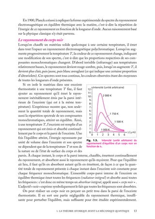 En 1900, Planck a réussi à expliquer la forme expérimentale du spectre du rayonnement
électromagnétique en équilibre thermique avec la matière, c’est-à-dire la répartition de
l’énergie de ce rayonnement en fonction de la longueur d’onde. Aucun raisonnement basé
sur la physique classique n’y était parvenu.

Le rayonnement du corps noir
Lorsqu’on chauffe un matériau solide quelconque à une certaine température, il émet
dans tout l’espace un rayonnement électromagnétique polychromatique. Lorsqu’on augmente progressivement la température T , la couleur de ce rayonnement change, indiquant
une modiﬁcation de son spectre, c’est-à-dire que les proportions respectives de ses composantes monochromatiques changent. D’abord invisible (infrarouge) aux températures
relativement basses, le rayonnement devient rouge sombre, puis, lorsqu’on augmente T , il
devient plus clair, puis jaune, puis blanc aveuglant (ce qui indique une certaine proportion
d’ultraviolets). Ces spectres sont tous continus, les couleurs observées étant des moyennes
de toutes les longueurs d’onde présentes.
Si on isole le matériau dans une enceinte
Intensité (unité arbitraire)
thermostatée à une température T ﬁxe, il faut
12
11
ajouter au rayonnement qu’il émet le rayon2 000 K
10
nement inévitablement émis par la paroi inté9
rieure de l’enceinte (qui est à la même tem8
pérature). L’expérience montre que, non seule7
6
ment la quantité totale de rayonnement, mais
1 750 K
5
aussi la répartition spectrale de ses composantes
4
monochromatiques, atteint un équilibre. Ainsi,
3
1 500 K
à une température T , l’enceinte est remplie d’un
2
1
rayonnement qui est émis et absorbé continuel1 000 K
( m)
0
lement par le corps et la paroi de l’enceinte. Une
0
1
2
3
4
5
6
fois l’équilibre atteint, l’énergie rayonnante par
Fig. 1.5.
Intensité (unité arbitraire) du
unité de volume dans l’enceinte et son spectre rayonnement d’équilibre d’un corps noir en
ne dépendent que de la température T et non de fonction de l.
la nature ou de l’état de surface du corps et des
parois. À chaque instant, le corps et la paroi interne, chauffés, émettent continuellement
du rayonnement, et absorbent aussi le rayonnement qu’ils reçoivent. Pour que l’équilibre
ait lieu, il faut qu’ils en absorbent autant qu’ils en émettent, de façon à ce que la quantité totale de rayonnement présente à chaque instant dans l’enceinte soit constante pour
chaque fréquence monochromatique. L’ensemble corps-paroi interne de l’enceinte en
équilibre thermique émet toutes les fréquences (radiateur intégral) et absorbe aussi toutes
les fréquences : c’est donc en même temps un absorbeur intégral, appelé aussi « corps noir » .
L’adjectif « noir » exprime symboliquement le fait que toutes les fréquences sont absorbées.
On peut réaliser un corps noir en perçant un petit trou dans la paroi de l’enceinte
thermostatée. Il en sort une partie négligeable du rayonnement thermique, insufﬁsante pour perturber l’équilibre, mais sufﬁsante pour être étudiée expérimentalement.
1. LA THÉORIE ATOMIQUE AVANT LA MÉCANIQUE QUANTIQUE

13

 