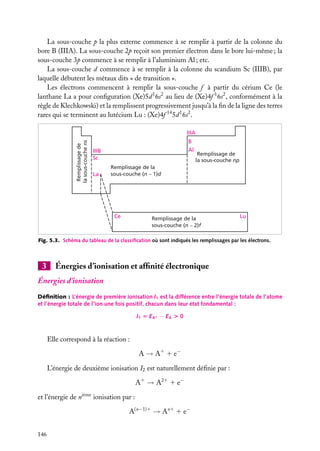 La sous-couche p la plus externe commence à se remplir à partir de la colonne du
bore B (IIIA). La sous-couche 2p reçoit son premier électron dans le bore lui-même ; la
sous-couche 3p commence à se remplir à l’aluminium Al ; etc.
La sous-couche d commence à se remplir à la colonne du scandium Sc (IIIB), par
laquelle débutent les métaux dits « de transition ».
Les électrons commencent à remplir la sous-couche f à partir du cérium Ce (le
lanthane La a pour conﬁguration (Xe)5d 1 6s2 au lieu de (Xe)4f 1 6s2 , conformément à la
règle de Klechkowski) et la remplissent progressivement jusqu’à la ﬁn de la ligne des terres
rares qui se terminent au lutécium Lu : (Xe)4f 14 5d 1 6s2 .

Remplissage de
la sous-couche ns

IIIA
B
Al

IIIB
Sc
La

Remplissage de
la sous-couche np

Remplissage de la
sous-couche (n − 1)d

Ce

Remplissage de la
sous-couche (n − 2)f

Lu

Fig. 5.3. Schéma du tableau de la classiﬁcation où sont indiqués les remplissages par les électrons.

3

Énergies d’ionisation et afﬁnité électronique

Énergies d’ionisation
Déﬁnition : L’énergie de première ionisation I1 est la différence entre l’énergie totale de l’atome
et l’énergie totale de l’ion une fois positif, chacun dans leur état fondamental :
I1 5 EA1 − EA > 0

Elle correspond à la réaction :
A → A1 1 e−
L’énergie de deuxième ionisation I2 est naturellement déﬁnie par :
A1 → A21 1 e−
et l’énergie de nième ionisation par :
A(n−1)1 → An1 1 e−
146

 