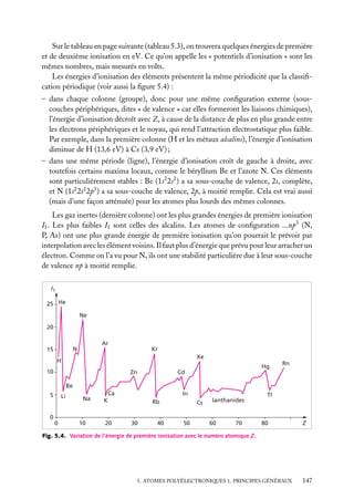 Sur le tableau en page suivante (tableau 5.3), on trouvera quelques énergies de première
et de deuxième ionisation en eV. Ce qu’on appelle les « potentiels d’ionisation » sont les
mêmes nombres, mais mesurés en volts.
Les énergies d’ionisation des éléments présentent la même périodicité que la classiﬁcation périodique (voir aussi la ﬁgure 5.4) :
– dans chaque colonne (groupe), donc pour une même conﬁguration externe (souscouches périphériques, dites « de valence » car elles formeront les liaisons chimiques),
l’énergie d’ionisation décroît avec Z, à cause de la distance de plus en plus grande entre
les électrons périphériques et le noyau, qui rend l’attraction électrostatique plus faible.
Par exemple, dans la première colonne (H et les métaux alcalins), l’énergie d’ionisation
diminue de H (13,6 eV) à Cs (3,9 eV) ;
– dans une même période (ligne), l’énergie d’ionisation croît de gauche à droite, avec
toutefois certains maxima locaux, comme le béryllium Be et l’azote N. Ces éléments
sont particulièrement stables : Be (1s2 2s2 ) a sa sous-couche de valence, 2s, complète,
et N (1s2 2s2 2p3 ) a sa sous-couche de valence, 2p, à moitié remplie. Cela est vrai aussi
(mais d’une façon atténuée) pour les atomes plus lourds des mêmes colonnes.
Les gaz inertes (dernière colonne) ont les plus grandes énergies de première ionisation
I1 . Les plus faibles I1 sont celles des alcalins. Les atomes de conﬁguration ...np3 (N,
P, As) ont une plus grande énergie de première ionisation qu’on pourrait le prévoir par
interpolation avec les élément voisins. Il faut plus d’énergie que prévu pour leur arracher un
électron. Comme on l’a vu pour N, ils ont une stabilité particulière due à leur sous-couche
de valence np à moitié remplie.
I1
25 He
Ne
20
Ar
N

15

Kr
Xe

H

Hg

10

Rn

Cd

Zn
Be

5

Li

Na

Ca
K

In
Rb

Cs

lanthanides

Tl

0
0

10

20

30

40

50

60

70

80

Z

Fig. 5.4. Variation de l’énergie de première ionisation avec le numéro atomique Z.

5. ATOMES POLYÉLECTRONIQUES 1. PRINCIPES GÉNÉRAUX

147

 