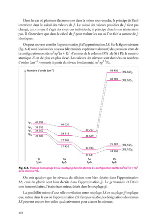 Dans les cas où plusieurs électrons sont dans la même sous-couche, le principe de Pauli
intervient dans le calcul des valeurs de J . Le calcul des valeurs possibles de j n’est pas
changé, car, comme il s’agit des électrons individuels, le principe d’exclusion n’intervient
pas. Il n’intervient que dans le calcul de J pour exclure les cas où l’on fait la somme de ji
identiques.
On peut souvent corréler l’approximation jj à l’approximation LS. Sur la ﬁgure suivante
(ﬁg. 6.4) sont dessinés les niveaux (déterminés expérimentalement) des premiers états de
la conﬁguration excitée ns2 np1 (n11)s1 d’atomes de la colonne IVA : de Si à Pb, le numéro
atomique Z est de plus en plus élevé. Les valeurs des niveaux sont données en nombres
d’ondes (cm−1 ) mesurés à partir du niveau fondamental ns2 np2 3 P0 .
Nombre d’onde (cm–1)

49 440

(1/2,3/2)2

48 189

40 992

3P

1

39 955
39 760

0

39 683

1
2

3P
3P

35 287

(1/2,1/2)1

34 960

1P

(1/2,3/2)1

(1/2,1/2)0

40 020
39 257
39 118

38 629

37 702
37 452

34 914
34 641

Si
3p4s

Ge
4p5s

Sn
5p6s

Pb
6p7s

Fig. 6.4. Passage du couplage LS au couplage jj dans les atomes à la conﬁguration excitée ns2 np1 (n11)s1
de la colonne IVA.

On voit qu’alors que les niveaux du silicium sont bien décrits dans l’approximation
LS, ceux du plomb sont bien décrits dans l’approximation jj. Le germanium et l’étain
sont intermédiaires, l’étain étant mieux décrit dans le couplage jj.
La possibilité même d’une telle corrélation entre couplage LS et couplage jj implique
que, même dans le cas où l’approximation LS n’est pas valable, les désignations des termes
LS peuvent encore être utiles qualitativement pour classer les niveaux.
192

 