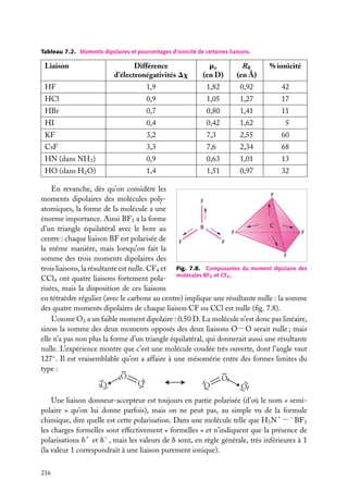 Tableau 7.2. Moments dipolaires et pourcentages d’ionicité de certaines liaisons.

Liaison

Différence
d’électronégativités Dx

me
(en D)

R0
(en Å)

% ionicité

HF

1,9

1,82

0,92

42

HCl

0,9

1,05

1,27

17

HBr

0,7

0,80

1,41

11

HI

0,4

0,42

1,62

5

KF

3,2

7,3

2,55

60

CsF

3,3

7,6

2,34

68

HN (dans NH3 )

0,9

0,63

1,01

13

HO (dans H2 O)

1,4

1,51

0,97

32

En revanche, dès qu’on considère les
F
moments dipolaires des molécules polyF
atomiques, la forme de la molécule a une
énorme importance. Ainsi BF3 a la forme
C
B
d’un triangle équilatéral avec le bore au
F
F
centre : chaque liaison BF est polarisée de
F
F
la même manière, mais lorsqu’on fait la
F
somme des trois moments dipolaires des
trois liaisons, la résultante est nulle. CF4 et Fig. 7.8. Composantes du moment dipolaire des
CCl4 ont quatre liaisons fortement pola- molécules BF3 et CF4 .
risées, mais la disposition de ces liaisons
en tétraèdre régulier (avec le carbone au centre) implique une résultante nulle : la somme
des quatre moments dipolaires de chaque liaison CF ou CCl est nulle (ﬁg. 7.8).
L’ozone O3 a un faible moment dipolaire : 0,50 D. La molécule n’est donc pas linéaire,
sinon la somme des deux moments opposés des deux liaisons O−O serait nulle ; mais
elle n’a pas non plus la forme d’un triangle équilatéral, qui donnerait aussi une résultante
nulle. L’expérience montre que c’est une molécule coudée très ouverte, dont l’angle vaut
127◦ . Il est vraisemblable qu’on a affaire à une mésomérie entre des formes limites du
type :

Une liaison donneur-accepteur est toujours en partie polarisée (d’où le nom « semipolaire » qu’on lui donne parfois), mais on ne peut pas, au simple vu de la formule
chimique, dire quelle est cette polarisation. Dans une molécule telle que H3 N1 −− BF3
les charges formelles sont effectivement « formelles » et n’indiquent que la présence de
polarisations d1 et d− , mais les valeurs de d sont, en règle générale, très inférieures à 1
(la valeur 1 correspondrait à une liaison purement ionique).
216

 