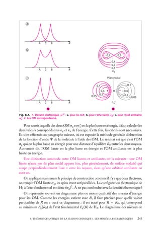 a

A

C

B

R

b
0,6

A

C

0,4
0,3
0,1

R

B

0,6

g

Plan nodal

c

– 0,1

0,1

0,05
A

C

B

R

1

0,4
0,2

+

0

–

– 0,4
– 0,2

– 0,05

u*

2
2

Fig. 8.7. 1. Densité électronique |s| : a. pour les OA ; b. pour l’OM liante sg ; c. pour l’OM antiliante
s∗ . 2. Les OM correspondantes.
u

Pour savoir laquelle des deux OM sg et s∗ est la plus basse en énergie, il faut calculer les
u
deux valeurs correspondantes ´g et ´u de l’énergie. Cette fois, les calculs sont nécessaires.
Ils sont effectués au paragraphe suivant, où est exposée la méthode générale d’obtention
de la fonction d’onde C de la molécule à l’aide des OM. Le résultat est que c’est l’OM
sg qui est la plus basse en énergie pour une distance d’équilibre R0 entre les deux noyaux.
Autrement dit, l’OM liante est la plus basse en énergie et l’OM antiliante est la plus
haute en énergie.
Une distinction commode entre OM liantes et antiliantes est la suivante : une OM
liante n’aura pas de plan nodal apparu (ou, plus généralement, de surface nodale) qui
coupe perpendiculairement l’axe z entre les noyaux, alors qu’une orbitale antiliante en
aura un.
On applique maintenant le principe de construction : comme il n’y a que deux électrons,
on remplit l’OM liante sg , les spins étant antiparallèles. La conﬁguration électronique de
H2 à l’état fondamental est donc (sg )2 . À ne pas confondre avec la densité électronique !
On représente souvent un diagramme plus ou moins qualitatif des niveaux d’énergie
pour les OM. Comme les énergies varient avec R, il faut préciser pour quelle valeur
particulière de R on a tracé ce diagramme : il est tracé pour R 5 R0 , qui correspond
au minimum Eg (R0 ) de l’état fondamental Eg (R) de H2 . Le diagramme des niveaux de
8. THÉORIE QUANTIQUE DE LA LIAISON CHIMIQUE 1. LES MOLÉCULES DIATOMIQUES

245

 