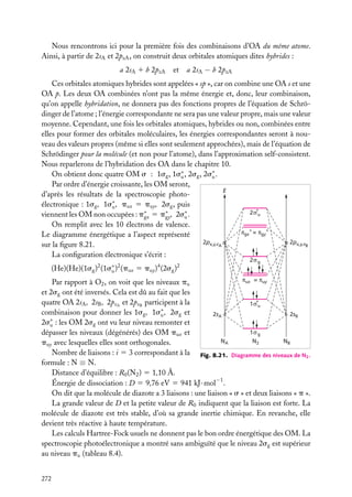 Nous rencontrons ici pour la première fois des combinaisons d’OA du même atome.
Ainsi, à partir de 2sA et 2pzA , on construit deux orbitales atomiques dites hybrides :
a 2sA 1 b 2pzA

et

a 2sA − b 2pzA

Ces orbitales atomiques hybrides sont appelées « sp », car on combine une OA s et une
OA p. Les deux OA combinées n’ont pas la même énergie et, donc, leur combinaison,
qu’on appelle hybridation, ne donnera pas des fonctions propres de l’équation de Schrödinger de l’atome ; l’énergie correspondante ne sera pas une valeur propre, mais une valeur
moyenne. Cependant, une fois les orbitales atomiques, hybrides ou non, combinées entre
elles pour former des orbitales moléculaires, les énergies correspondantes seront à nouveau des valeurs propres (même si elles sont seulement approchées), mais de l’équation de
Schrödinger pour la molécule (et non pour l’atome), dans l’approximation self-consistent.
Nous reparlerons de l’hybridation des OA dans le chapitre 10.
On obtient donc quatre OM s : 1sg , 1s∗ , 2sg , 2s∗ .
u
u
Par ordre d’énergie croissante, les OM seront,
E
d’après les résultats de la spectroscopie photoélectronique : 1sg , 1s∗ , pux 5 puy , 2sg , puis
u
2σ*u
viennent les OM non occupées : p∗ 5 p∗ , 2s∗ .
gx
gy
u
On remplit avec les 10 électrons de valence.
πgx* = πgy*
Le diagramme énergétique a l’aspect représenté
2px,y,zA
2px,y,zB
sur la ﬁgure 8.21.
La conﬁguration électronique s’écrit :
(He)(He)(1sg )2 (1s∗ )2 (pux 5 puy )4 (2sg )2
u

2σ g

πux = πuy
Par rapport à O2 , on voit que les niveaux pu
et 2sg ont été inversés. Cela est dû au fait que les
quatre OA 2sA , 2sB , 2pzA et 2pzB participent à la
1σ*u
∗
combinaison pour donner les 1sg , 1su , 2sg et
2sA
2sB
2s∗ : les OM 2sg ont vu leur niveau remonter et
u
1σ g
dépasser les niveaux (dégénérés) des OM pux et
NA
N2
NB
puy avec lesquelles elles sont orthogonales.
Nombre de liaisons : i 5 3 correspondant à la Fig. 8.21. Diagramme des niveaux de N2 .
formule : N ≡ N.
Distance d’équilibre : R0 (N2 ) 5 1,10 Å.
Énergie de dissociation : D 5 9,76 eV 5 941 kJ · mol−1 .
On dit que la molécule de diazote a 3 liaisons : une liaison « s » et deux liaisons « p ».
La grande valeur de D et la petite valeur de R0 indiquent que la liaison est forte. La
molécule de diazote est très stable, d’où sa grande inertie chimique. En revanche, elle
devient très réactive à haute température.
Les calculs Hartree-Fock usuels ne donnent pas le bon ordre énergétique des OM. La
spectroscopie photoélectronique a montré sans ambiguïté que le niveau 2sg est supérieur
au niveau pu (tableau 8.4).

272

 