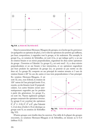 y

y
a

b

x

z

z

x

Fig. 9.4. a. Action de 2. b. Action de 6.

Dans la nomenclature Hermann-Mauguin des groupes, on n’inclut que les générateurs
(et quelquefois un opérateur de plus), c’est-à-dire les opérateurs de symétrie qui sufﬁsent,
par leurs compositions, à engendrer tout le groupe, et lui seulement. Par exemple, le
groupe C2h , en notation de Schönﬂies, est noté 2/m, ce qui indique qu’il y a un axe
de rotation binaire et un miroir perpendiculaire, engendrant les deux autres opérateurs
du groupe : l’inversion et l’identité. Le groupe C2v est noté mm2 : il y a deux miroirs
perpendiculaires et un axe binaire à leur intersection, et ces opérateurs engendrent
par leurs produits les opérateurs du groupe (ici, on pourrait ne pas mettre un des
deux m). Le groupe D3 comporte un axe principal de rotation ternaire et 3 axes de
rotation binaire à 60◦ les uns des autres et tous trois perpendiculaires à l’axe principal.
En notation Hermann-Mauguin, il est
y
noté 32, avec, tout d’abord, la rotation de
120◦ autour de l’axe principal (notée 3) et,
ensuite, un des binaires (noté 2) perpendiculaires. Les autres binaires seront automatiquement engendrés par les produits
à partir des générateurs. Le groupe C3v
x
z
est noté 3m. Voyons également quelques
groupes contenant des opérateurs inverses.
Le groupe 6 est constitué des opérateurs
1

2

3

4

5

6 , 6 (5 6 6), 6 , 6 et 6 , plus l’identité
1 ; il est donc d’ordre 6. Il est identique au
Fig. 9.5. Action des opérateurs du groupe
groupe noté S3 en notation de Schönﬂies
6 5 S3 .
(ﬁg. 9.5).
D’autres groupes sont étudiés dans les exercices. Une table de la plupart des groupes
rencontrés, en notations Hermann-Mauguin et de Schönﬂies, est donnée au § 11.4
(tableau 11.2).
286

 