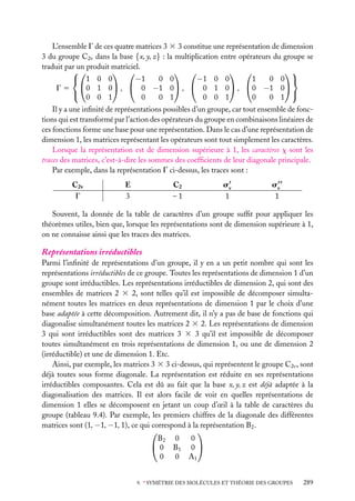L’ensemble G de ces quatre matrices 3 3 3 constitue une représentation de dimension
3 du groupe C2v dans la base {x, y, z} : la multiplication entre opérateurs du groupe se
traduit par un produit matriciel.

 
 
 

−1
−1 0 0
0 0
1
0 0 
 1 0 0
G 5 0 1 0 ,  0 −1 0 ,  0 1 0 , 0 −1 0
 0 0 1
0
0 1
0
0 1 
0 0 1
Il y a une inﬁnité de représentations possibles d’un groupe, car tout ensemble de fonctions qui est transformé par l’action des opérateurs du groupe en combinaisons linéaires de
ces fonctions forme une base pour une représentation. Dans le cas d’une représentation de
dimension 1, les matrices représentant les opérateurs sont tout simplement les caractères.
Lorsque la représentation est de dimension supérieure à 1, les caractères x sont les
traces des matrices, c’est-à-dire les sommes des coefﬁcients de leur diagonale principale.
Par exemple, dans la représentation G ci-dessus, les traces sont :
C2v
G

E
3

C2
–1

sv
1

sv
1

Souvent, la donnée de la table de caractères d’un groupe sufﬁt pour appliquer les
théorèmes utiles, bien que, lorsque les représentations sont de dimension supérieure à 1,
on ne connaisse ainsi que les traces des matrices.

Représentations irréductibles
Parmi l’inﬁnité de représentations d’un groupe, il y en a un petit nombre qui sont les
représentations irréductibles de ce groupe. Toutes les représentations de dimension 1 d’un
groupe sont irréductibles. Les représentations irréductibles de dimension 2, qui sont des
ensembles de matrices 2 3 2, sont telles qu’il est impossible de décomposer simultanément toutes les matrices en deux représentations de dimension 1 par le choix d’une
base adaptée à cette décomposition. Autrement dit, il n’y a pas de base de fonctions qui
diagonalise simultanément toutes les matrices 2 3 2. Les représentations de dimension
3 qui sont irréductibles sont des matrices 3 3 3 qu’il est impossible de décomposer
toutes simultanément en trois représentations de dimension 1, ou une de dimension 2
(irréductible) et une de dimension 1. Etc.
Ainsi, par exemple, les matrices 3 3 3 ci-dessus, qui représentent le groupe C2v , sont
déjà toutes sous forme diagonale. La représentation est réduite en ses représentations
irréductibles composantes. Cela est dû au fait que la base x, y, z est déjà adaptée à la
diagonalisation des matrices. Il est alors facile de voir en quelles représentations de
dimension 1 elles se décomposent en jetant un coup d’œil à la table de caractères du
groupe (tableau 9.4). Par exemple, les premiers chiffres de la diagonale des différentes
matrices sont (1, −1, −1, 1), ce qui correspond à la représentation B2 .


B2 0
0
 0 B1 0 
0
0 A1
9. ∗ SYMÉTRIE DES MOLÉCULES ET THÉORIE DES GROUPES

289

 