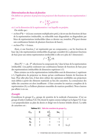 Détermination des bases de fonction
On déﬁnit un opérateur de projection (ou projecteur) des fonctions sur une représentation i
par :
li
xi (O)∗ O
Pi ≡
g
O

où li est la dimension de la représentation i sur laquelle on projette.
On vériﬁe que :
– ou bien Pi c 5 c (à une constante multiplicative près), si c est une des fonctions de base
de la représentation irréductible, ou réductible mais diagonalisée ou diagonalisée par
blocs de représentations irréductibles (dans ce dernier cas, toutefois, Pi c peut donner
une combinaison linéaire de plusieurs fonctions de bases) ;
– ou bien Pi c 5 0 sinon.
Ainsi, si une fonction f est représentée par ses composantes cj sur les fonctions de
base {cj } des représentations irréductibles du groupe considéré (il y a plusieurs fonctions
de base pour une même représentation irréductible si elle est à plus de 1 dimension) :
f 5

cj cj
j

Alors Pi f 5 ci ci : Pi sélectionne la composante de f dans la base de la représentation
irréductible i (ou parfois seulement une combinaison linéaire de fonctions de base pour
des représentations irréductibles de dimension supérieure à 1).
Dans certains cas où les représentations irréductibles sont de dimensions li supérieure
à 1, l’application du projecteur ne donne qu’une combinaison linéaire de fonctions de
base. Pour aller plus loin, il faut alors utiliser des opérateurs semblables aux projecteurs
mais déﬁnis à partir des éléments matriciels au lieu des caractères. La connaissance des
tables des caractères est alors insufﬁsante : il faut connaître les matrices complètes de la
représentation (il y a d’ailleurs plusieurs ensembles de matrices possibles). Nous n’aurons
pas affaire à ces cas.

Exemple
Considérons le groupe C3v , groupe de symétrie de la molécule d’ammoniac. C’est un
groupe d’ordre 6 (tableau 9.2). On choisit le repère comme indiqué sur la ﬁgure 9.2. L’axe
z est perpendiculaire au plan du dessin et dirigé vers le lecteur (trièdre direct). La table
de caractères est :
Tableau 9.7. Table des caractères du groupe C3v .

C3v

E

C1 ,
3

3sv

C2
3
A1
A2
E

1
1
2

1
1
–1

1
–1
0

z
(x, y)

9. ∗ SYMÉTRIE DES MOLÉCULES ET THÉORIE DES GROUPES

293

 